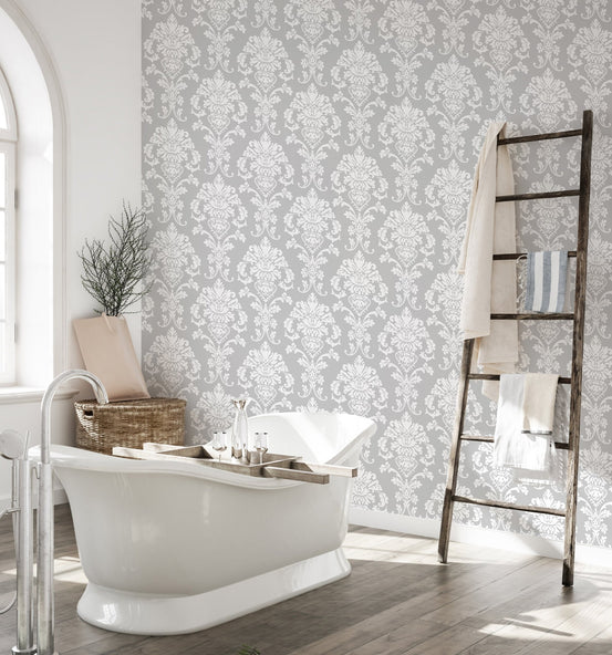 Elegant Gray Color Repeat Pattern Damask Wallpaper in a bathroom with a white bathtub.