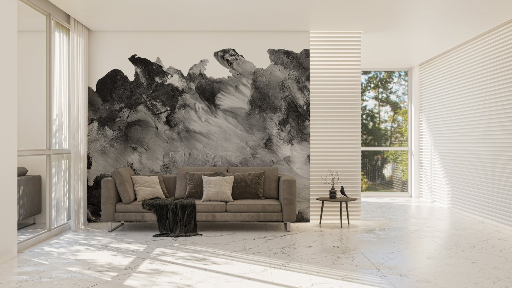 Large living area with a neutral sofa and a textured grayscale wall mural.
