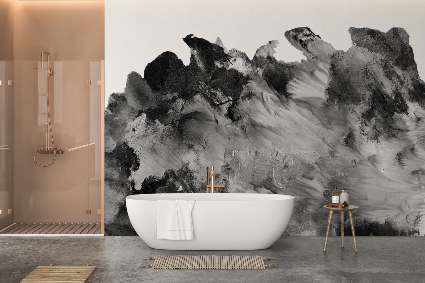 Minimalist washroom featuring a white basin and gray artistic wall mural.