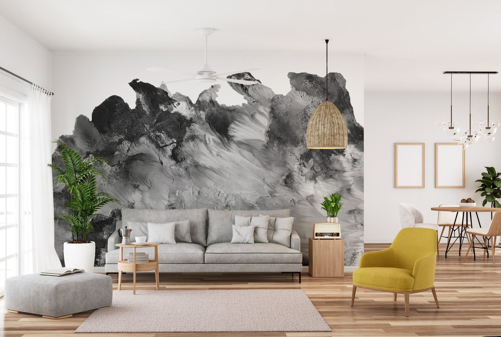 Contemporary hallway with light flooring and a rustic charcoal wall mural.