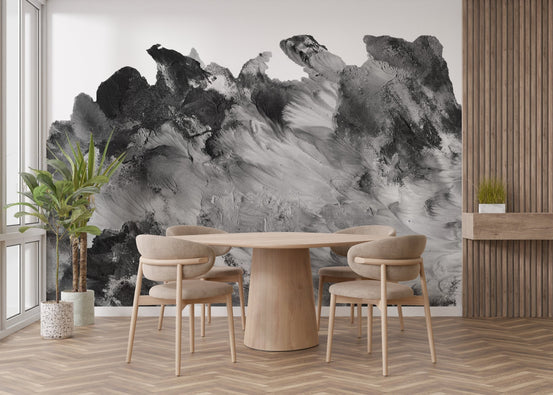 Dining room featuring Elegant Grayscale Rustic Wall Murals and wooden furniture.