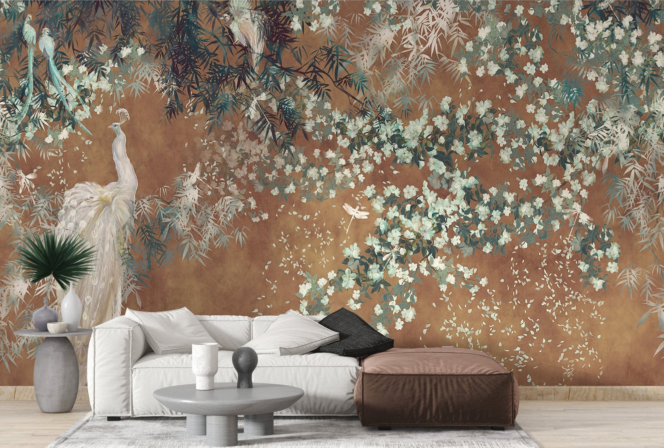 Classic peacock garden wallpaper in muted green and rust color.