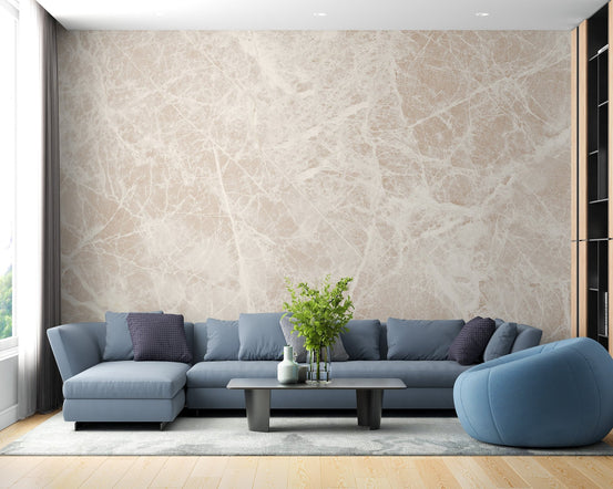 Elegant veined marble wallpaper mural in beige stone texture.