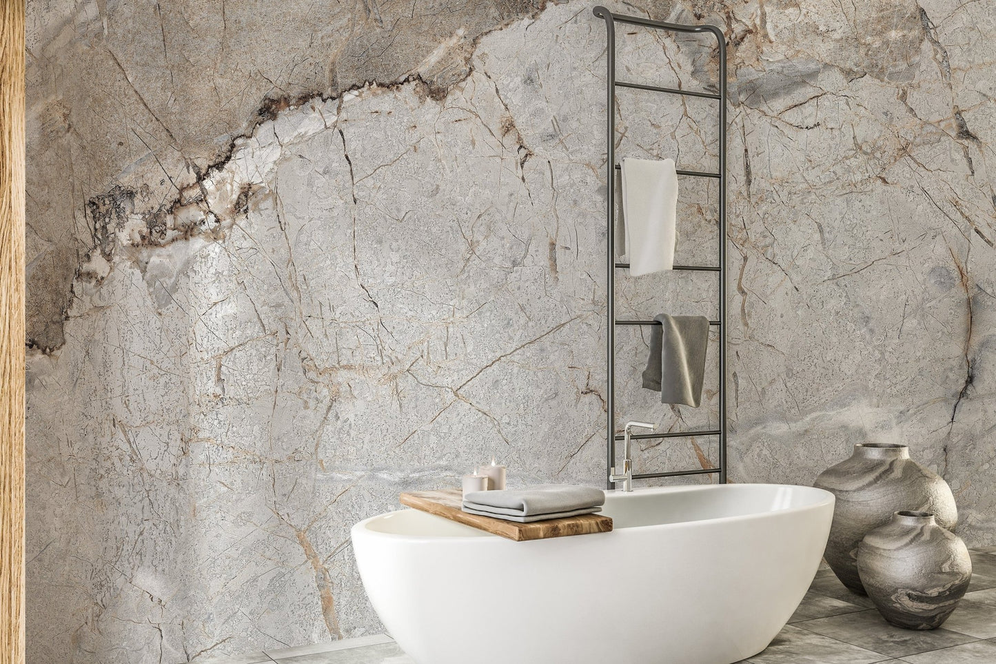 Modern marble wallpaper mural with layered stone detail.