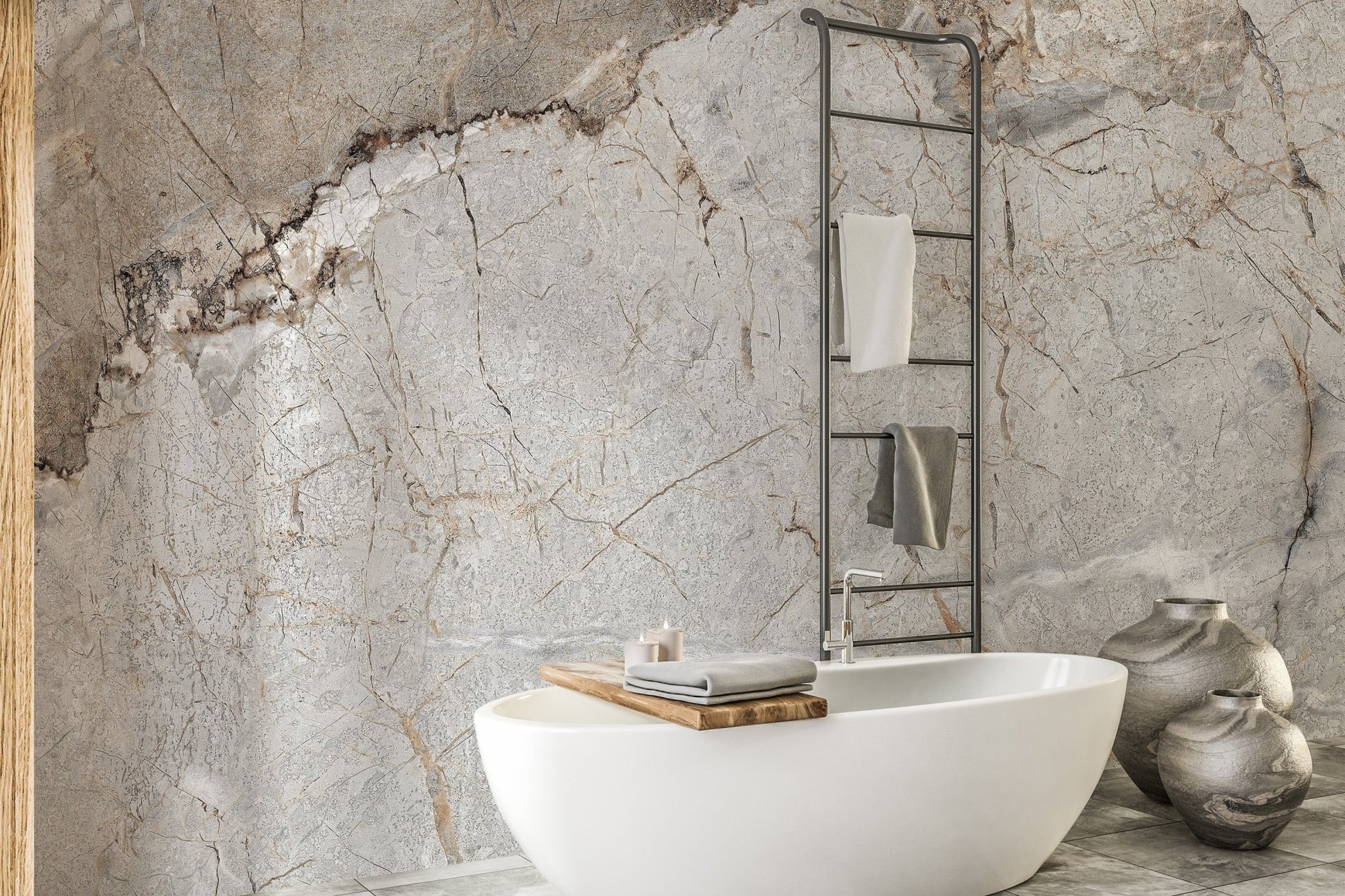 Modern marble wallpaper mural with layered stone detail.