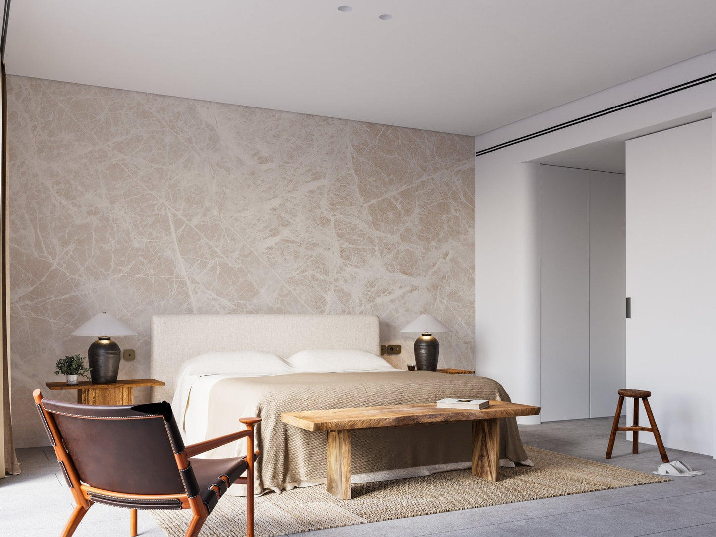 Subtle veined marble wall mural in light tan shade.