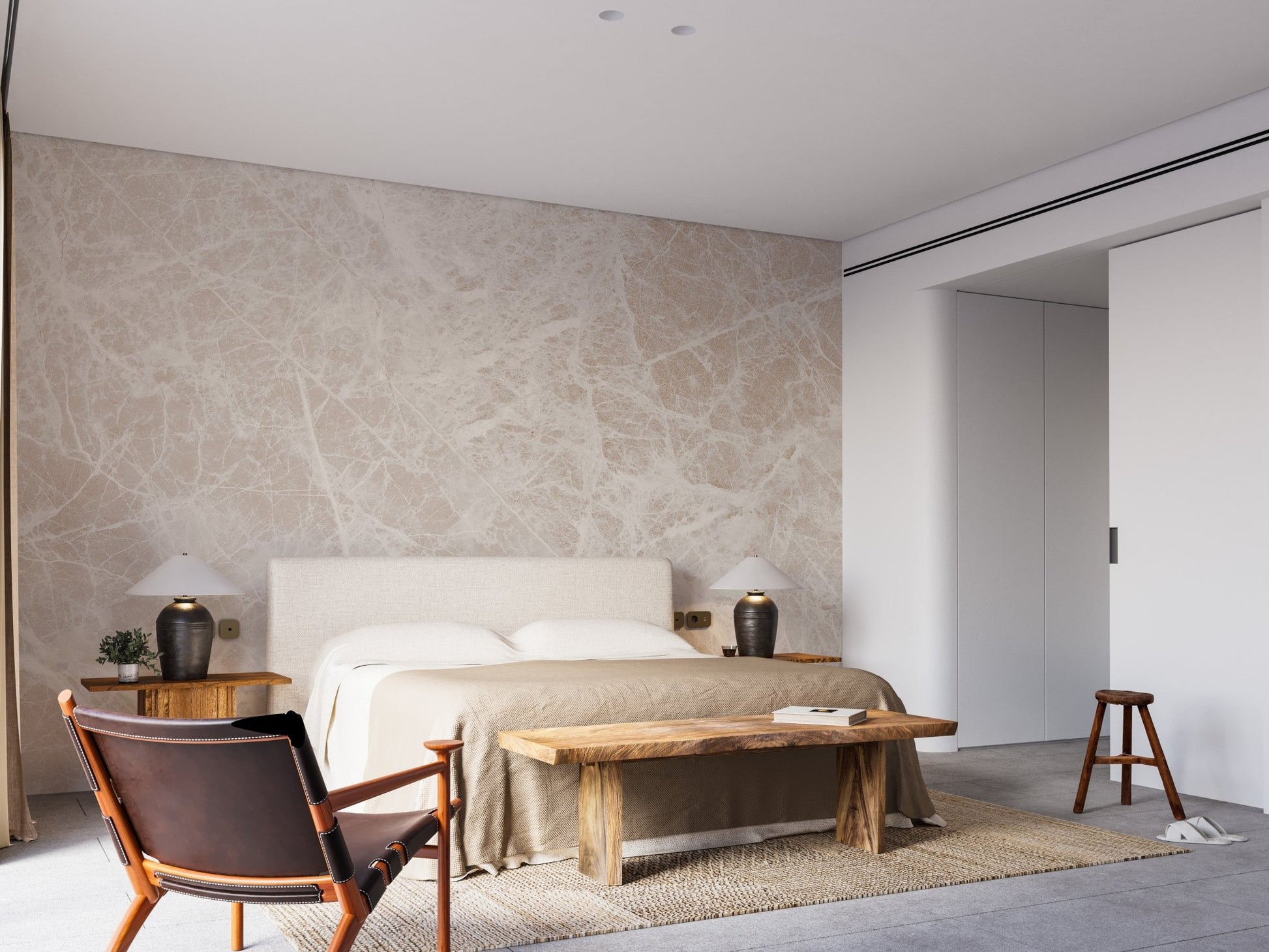 Subtle veined marble wall mural in light tan shade.