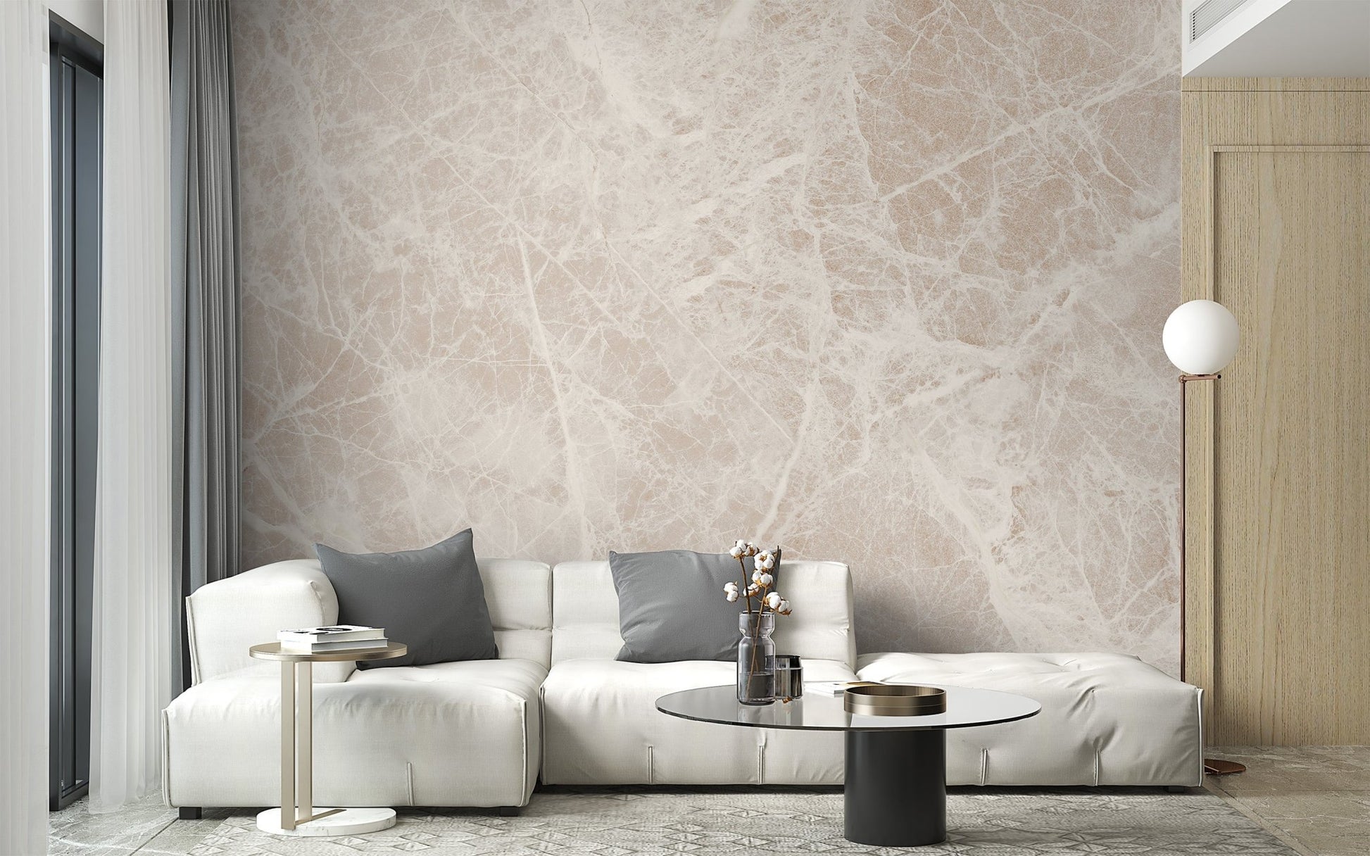 Ivory marble texture wallpaper with layered mineral pattern.
