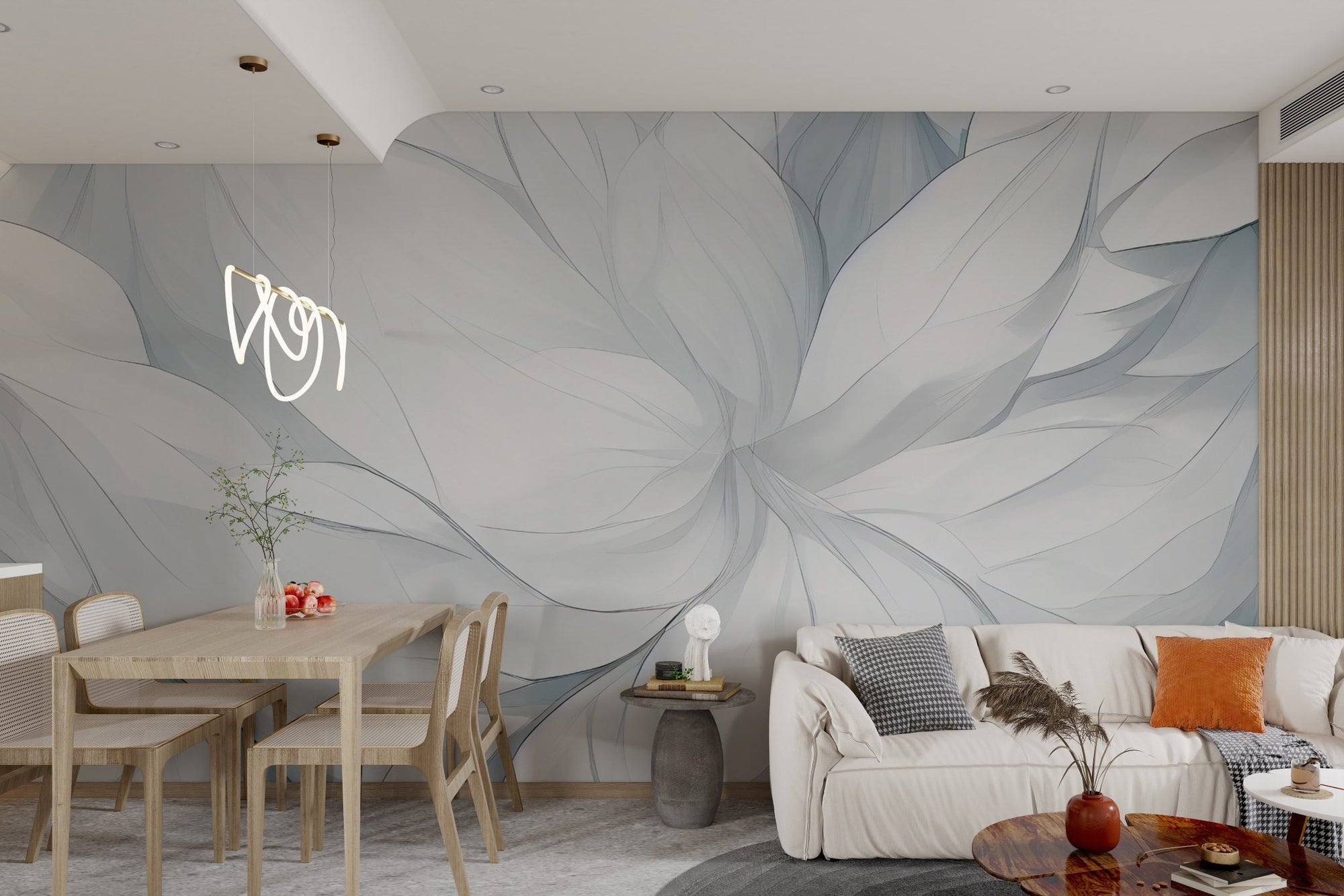 Flowing white leaf pattern wall mural for home decor.