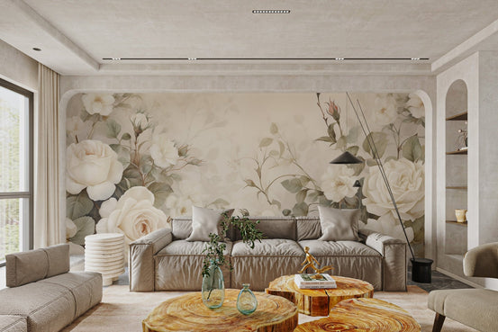 Sophisticated floral wallpaper showing detailed white roses and light foliage.