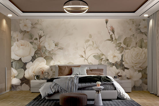 Elegant white rose floral wallpaper with soft cream petals and green leaves.