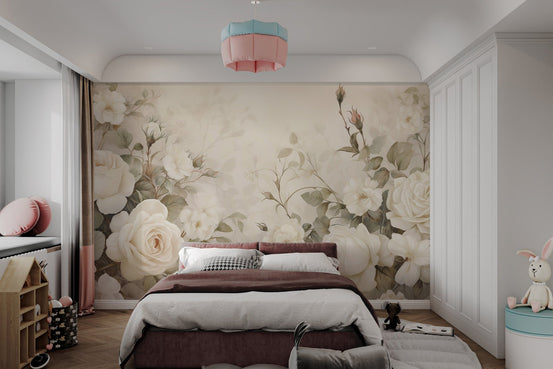 Cream colored floral wallpaper mural with a soft hand-painted aesthetic.
