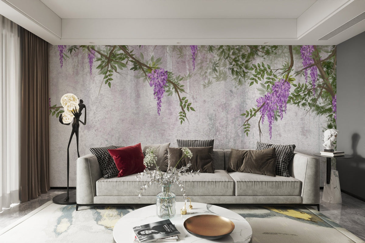 Purple flower on a textured wall mural for a soft aesthetic.