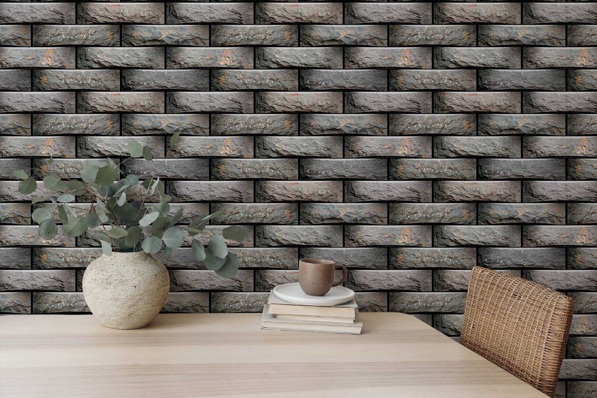 Elevation-inspired geometric wallpaper for dining room interiors.