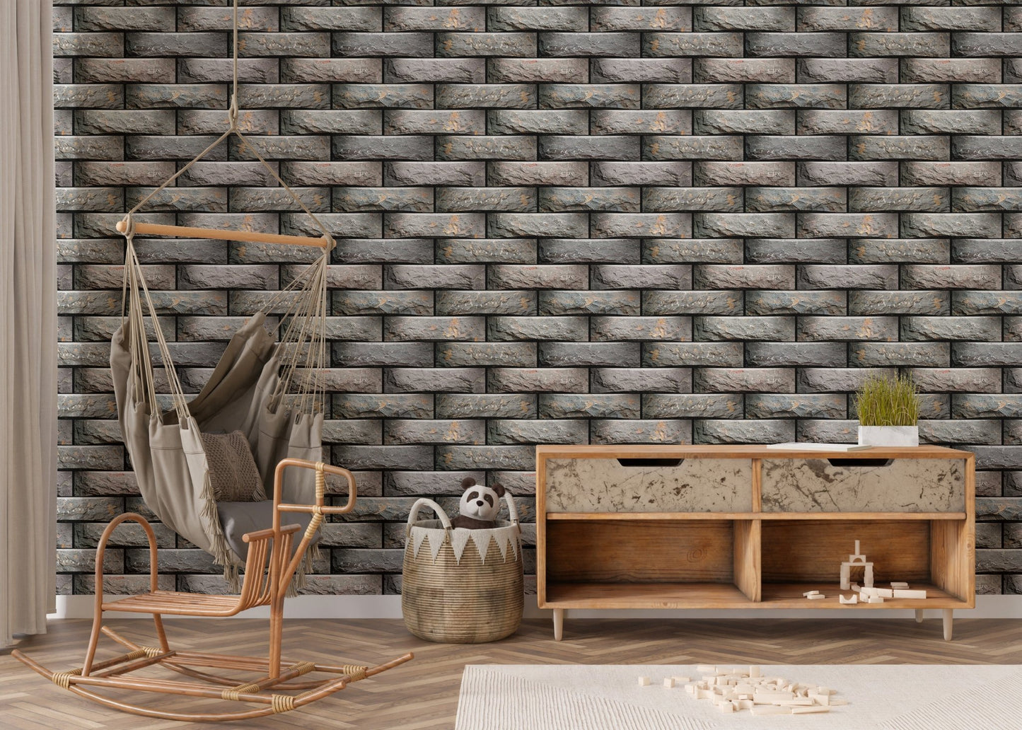 Minimalist nursery with textured geometric modules wallpaper and wooden furniture.