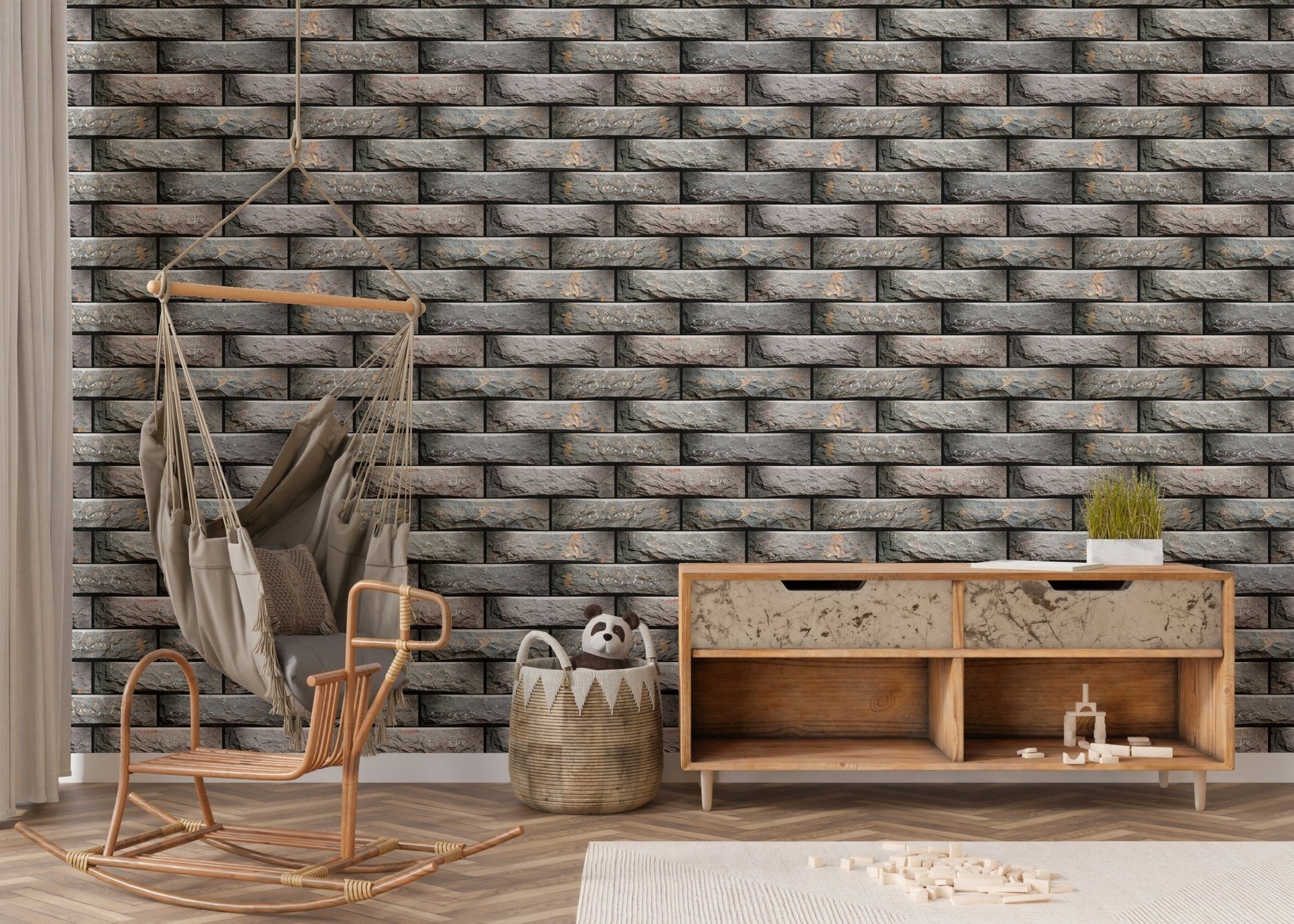 Minimalist nursery with textured geometric modules wallpaper and wooden furniture.