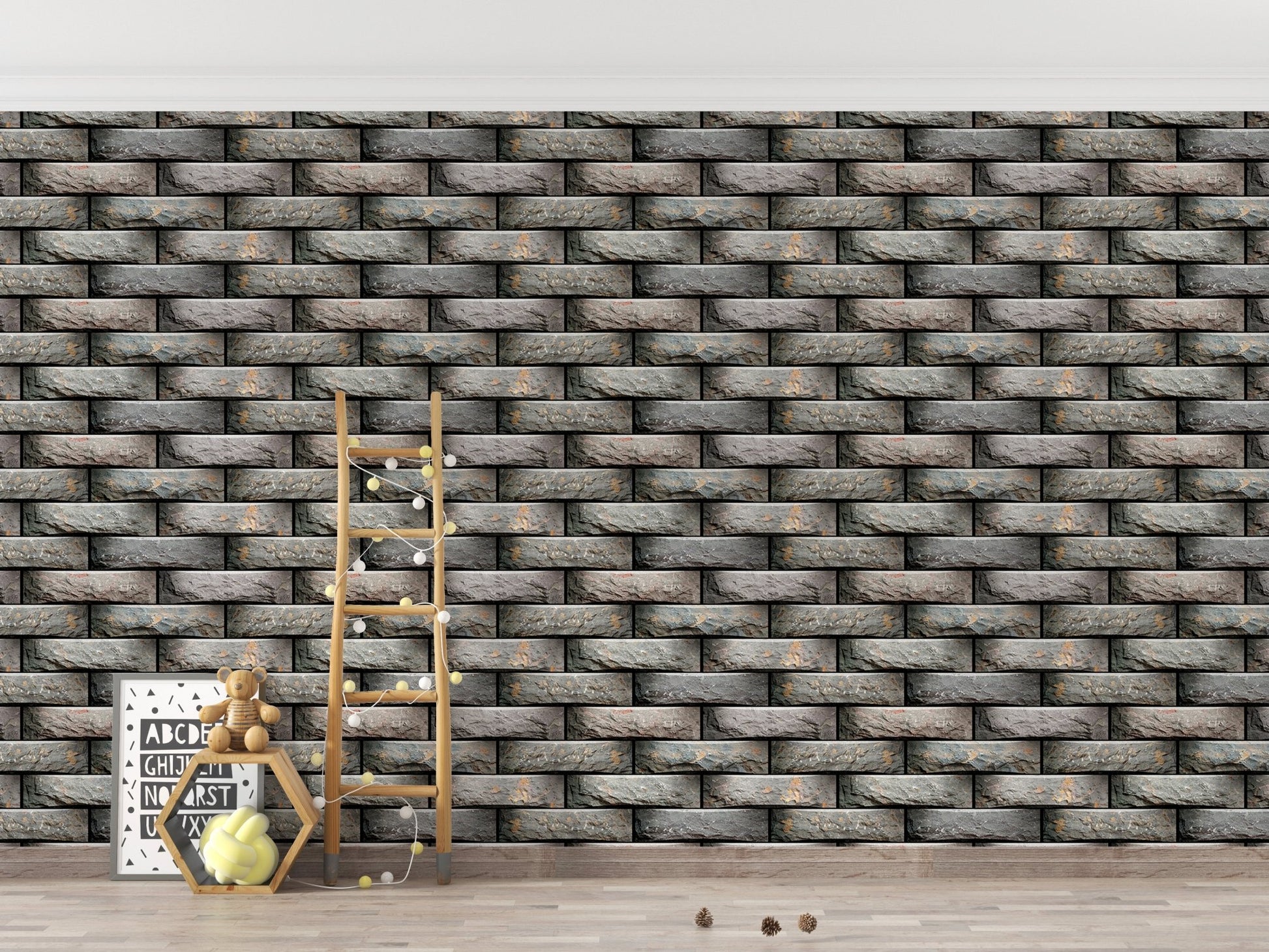 Playroom wall decorated with grey Elevation Tiles Design Geometric Modules Wallpaper.