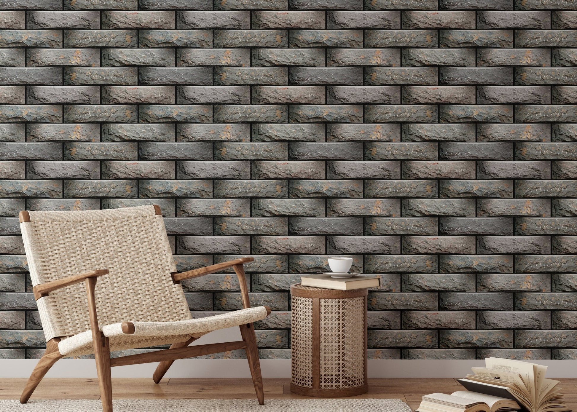 Reading nook with neutral stone pattern wallpaper and a wooden armchair.