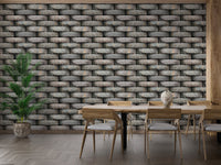 Sophisticated elevation tiles in geometric wallpaper for dining room.