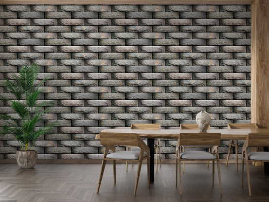 Sophisticated elevation tiles in geometric wallpaper for dining room.