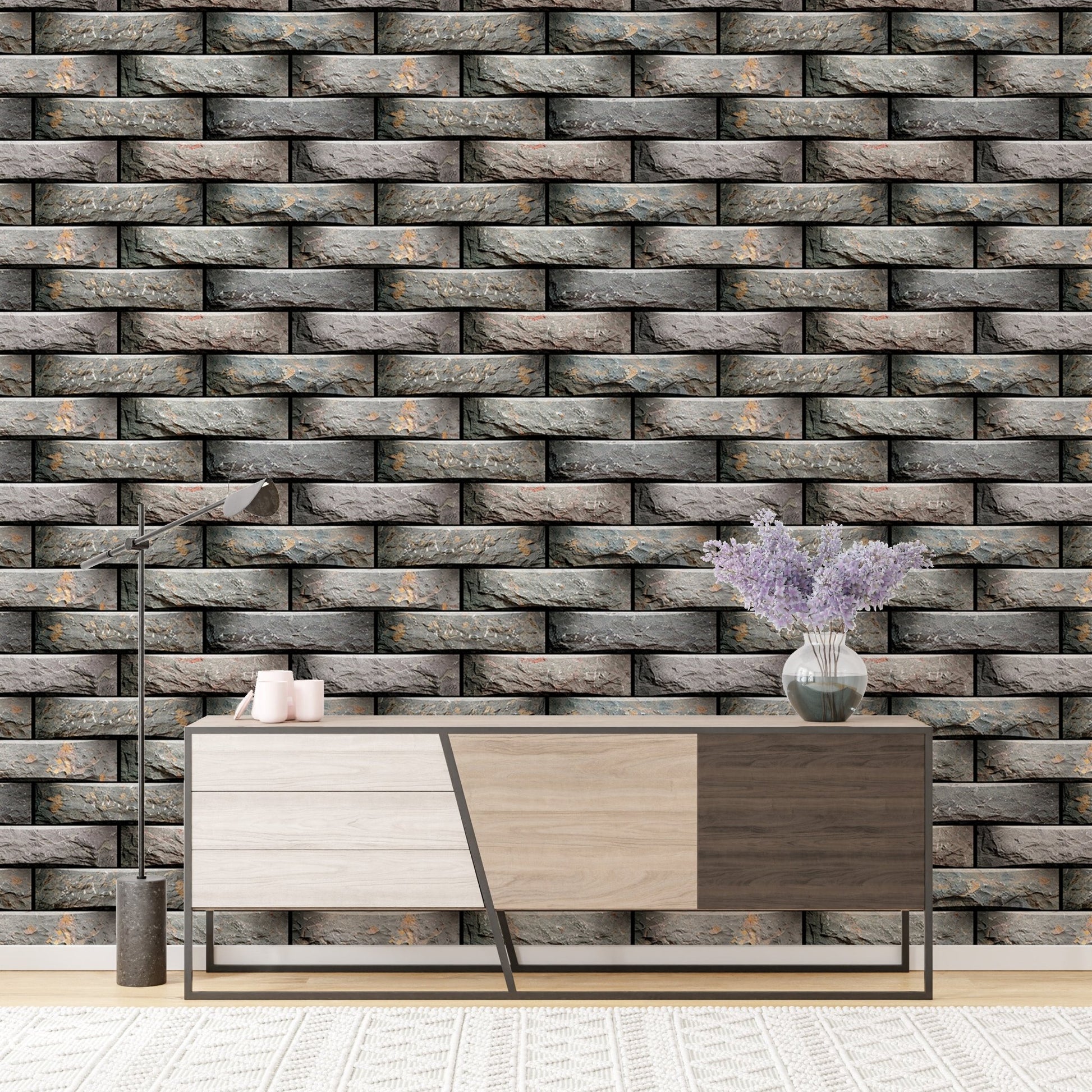 Stylish geometric module wallpaper design for living area.