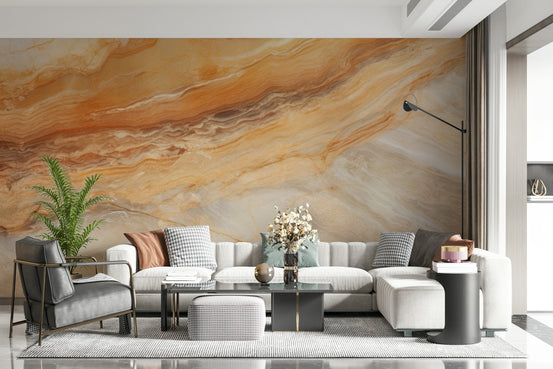 Embered stone wall mural with honey onyx textures and amber veining.