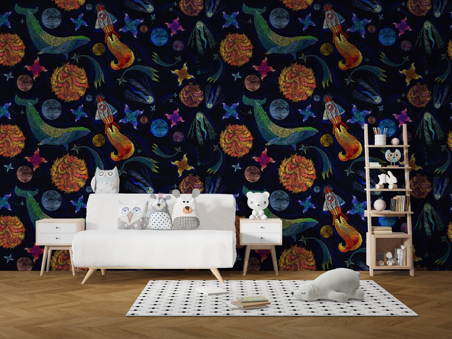 Dark navy wallpaper with rocket and planet adventure behind a white storage cabinet.