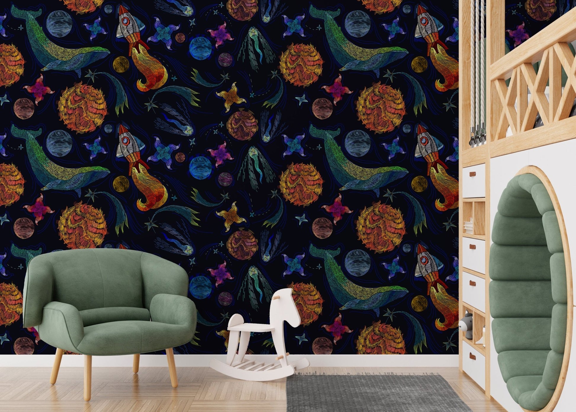 Space adventure wallpaper for walls in a room with a green armchair and hobby horse.