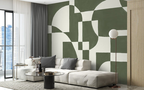 Contemporary wallpaper with interlocking green and white geometric designs.