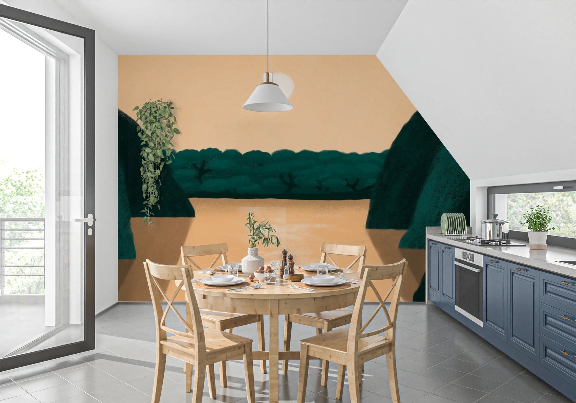 Abstract mountain retreat wall mural in a dining room with wooden table and chairs