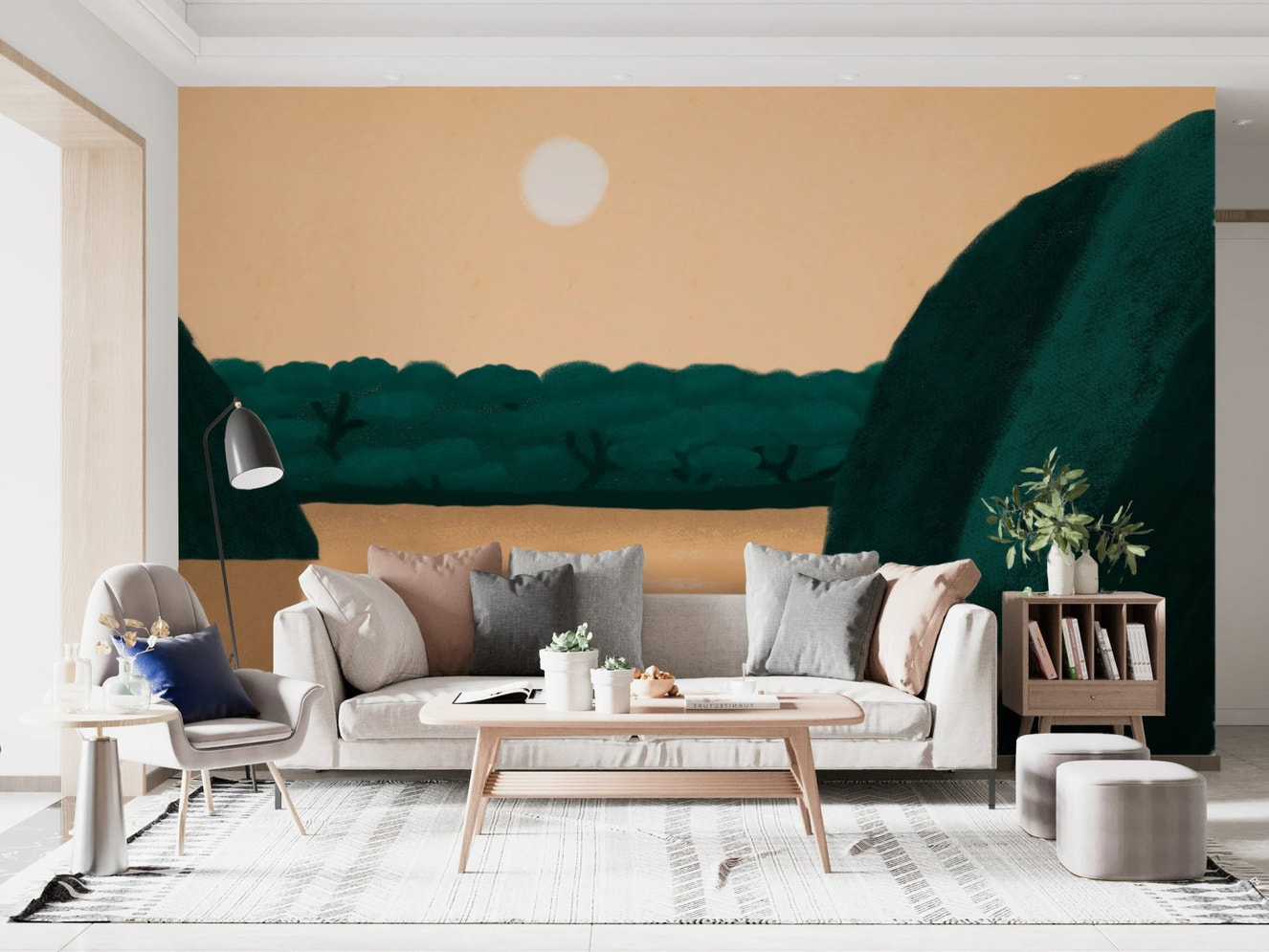 Emerald Hills Retreat Wall Mural in a living room with a white sofa and rug