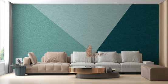 Minimalist emerald wall mural with structured geometry.