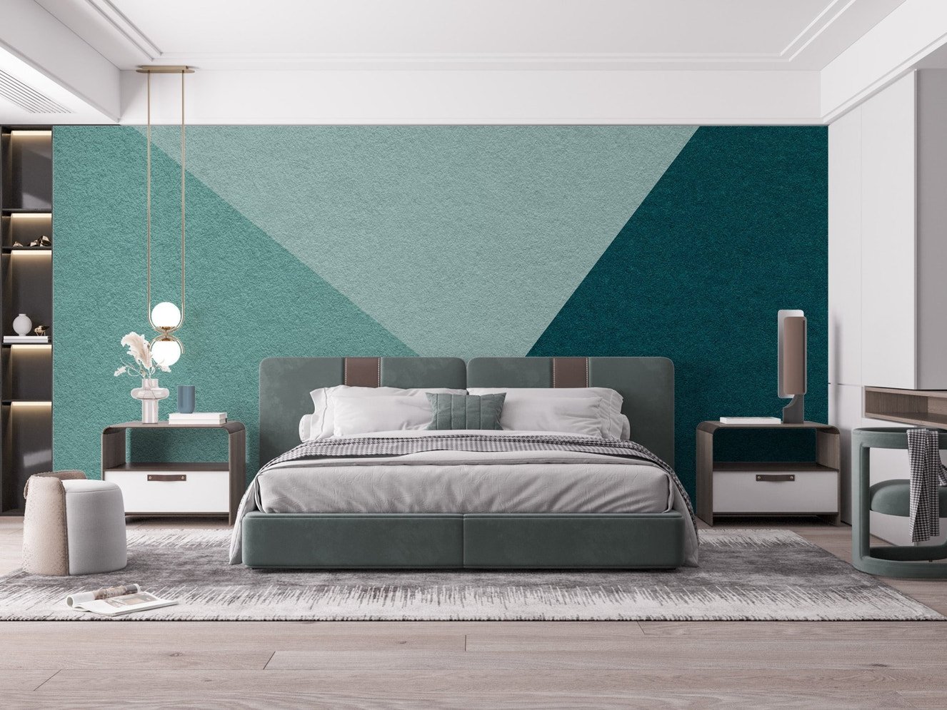 Emerald hues geometric mural for modern decor
