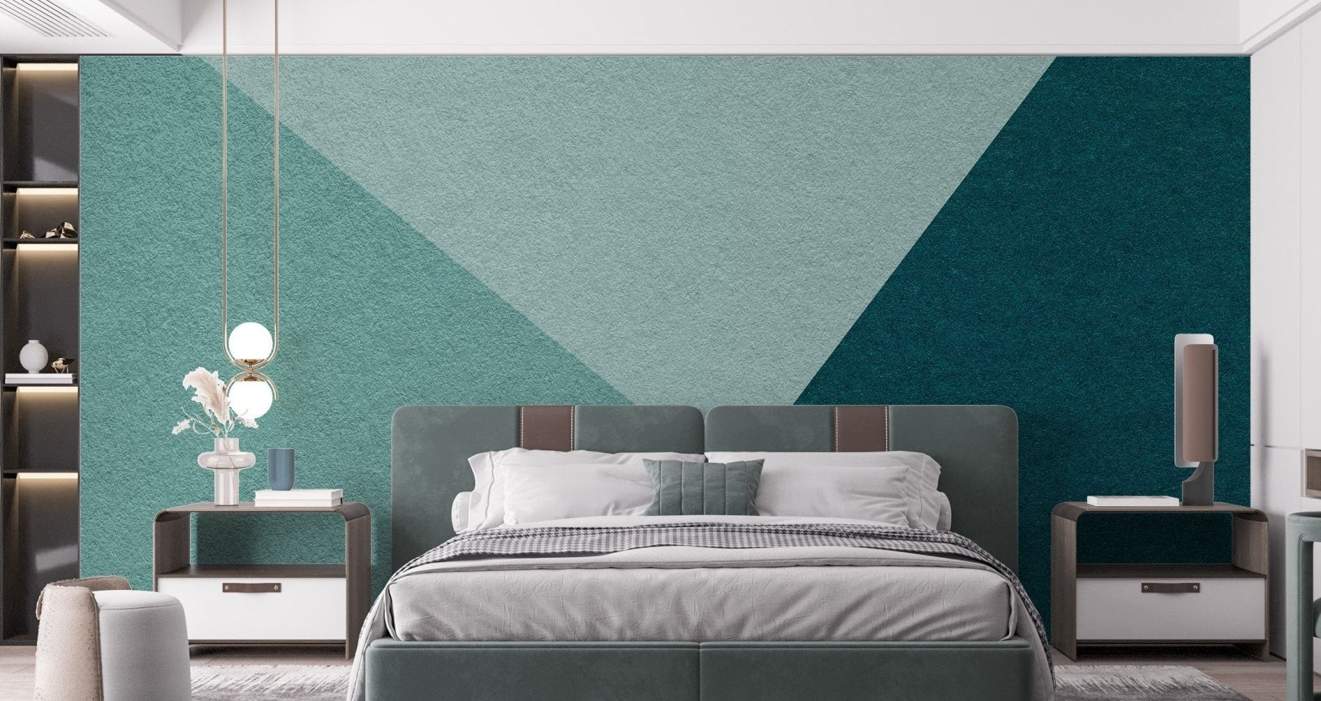 Emerald hues geometric wall mural in layered teal color blocks.