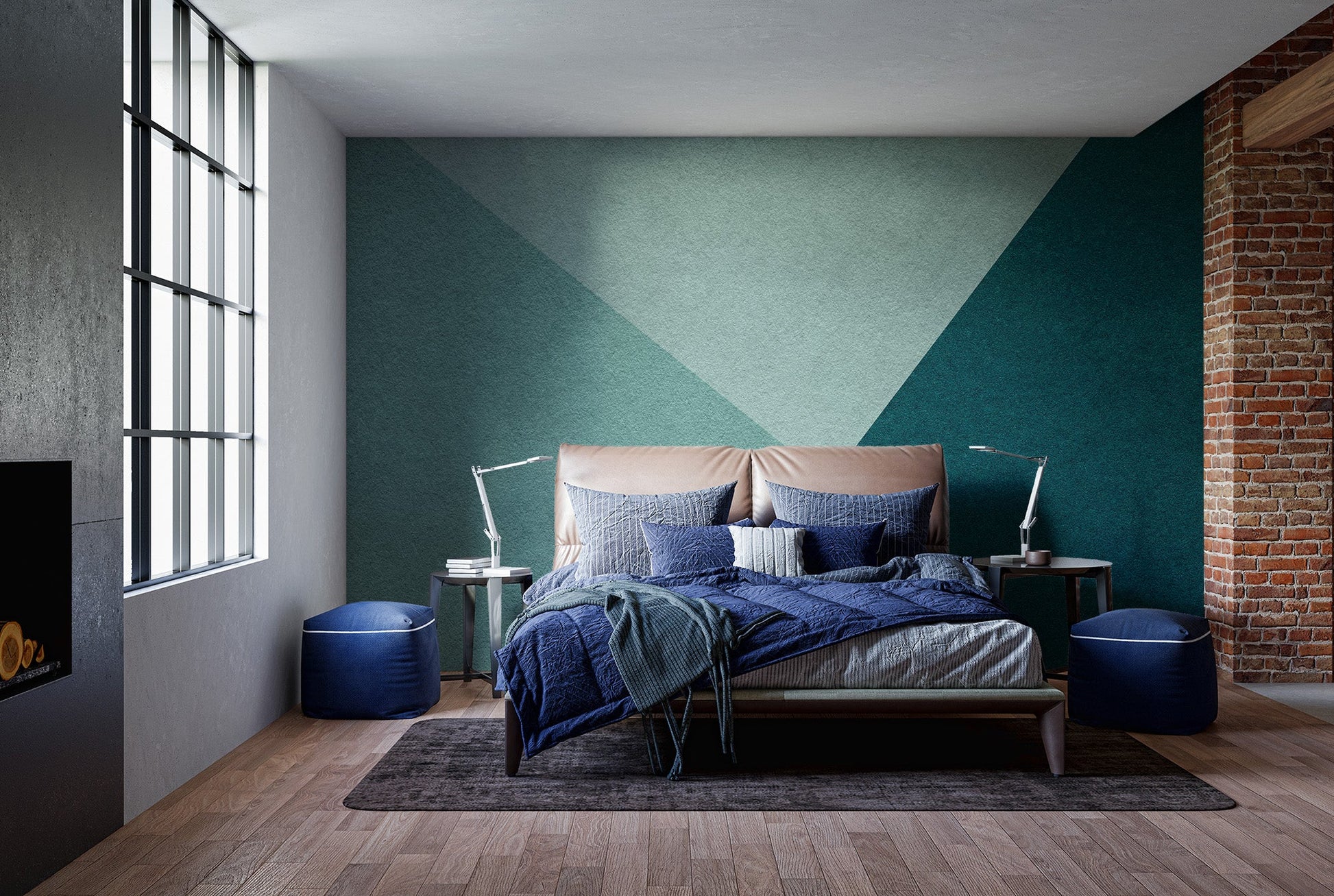 Modern emerald geometric wallpaper with angular color panels.