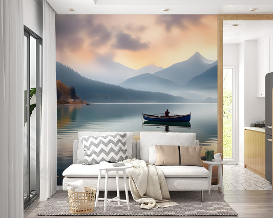 Emerald lake boat reflection wallpaper with misty mountain peaks.
