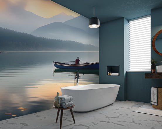 Foggy alpine landscape wall mural in soft teal and gold hues.