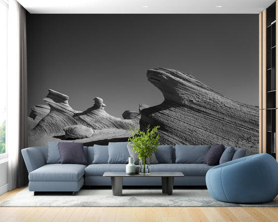 Emirates Rock Marvel Wall Murals in a living room with blue sofa and wooden floors