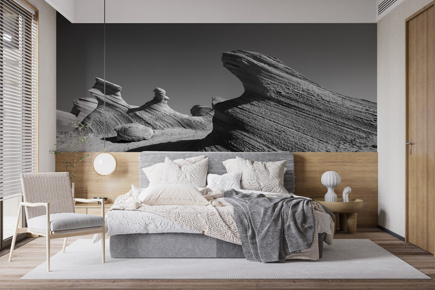 Emirates Rock Marvel Wall Murals behind a white bed in a minimalist bedroom