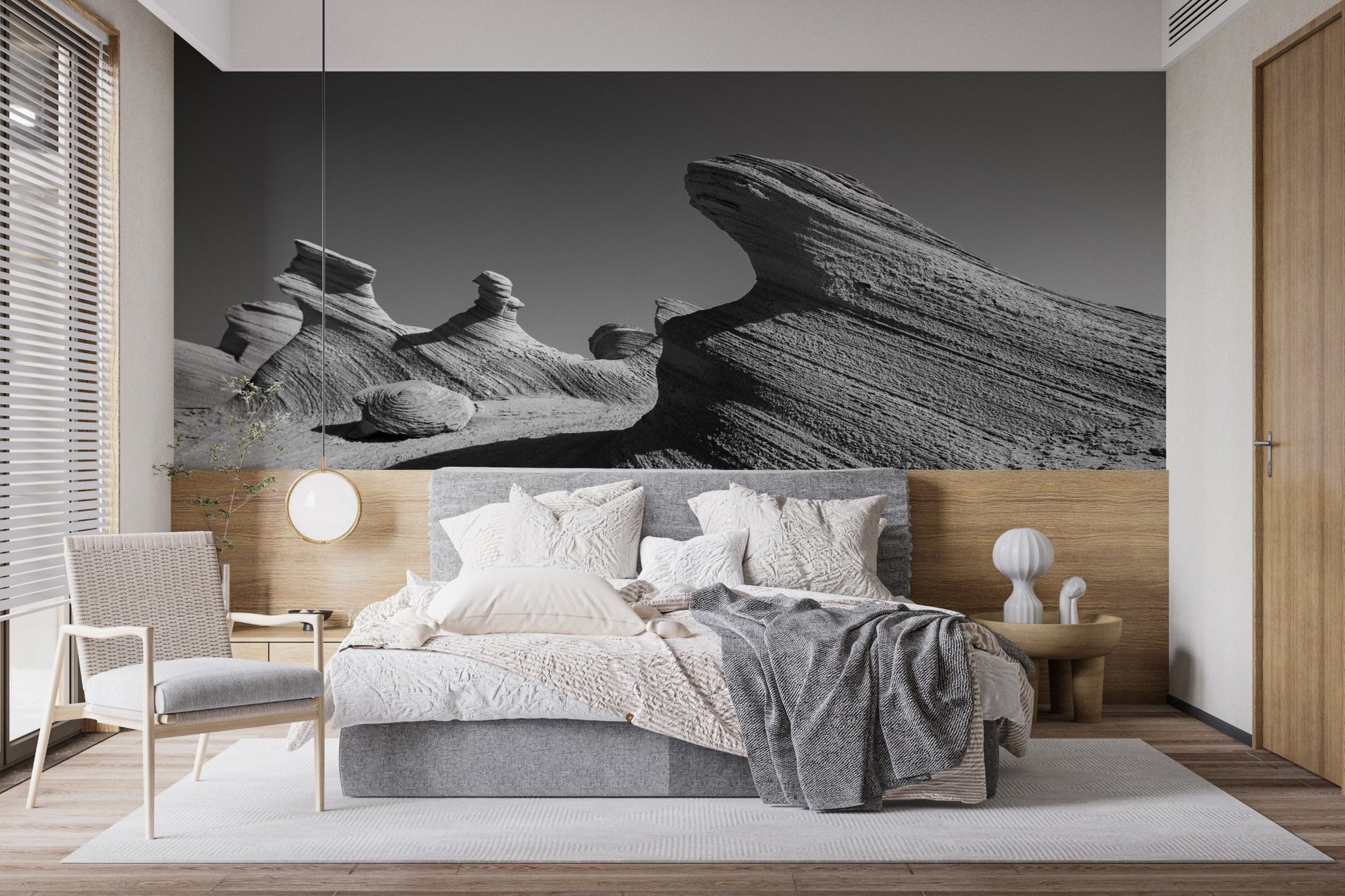 Emirates Rock Marvel Wall Murals behind a white bed in a minimalist bedroom