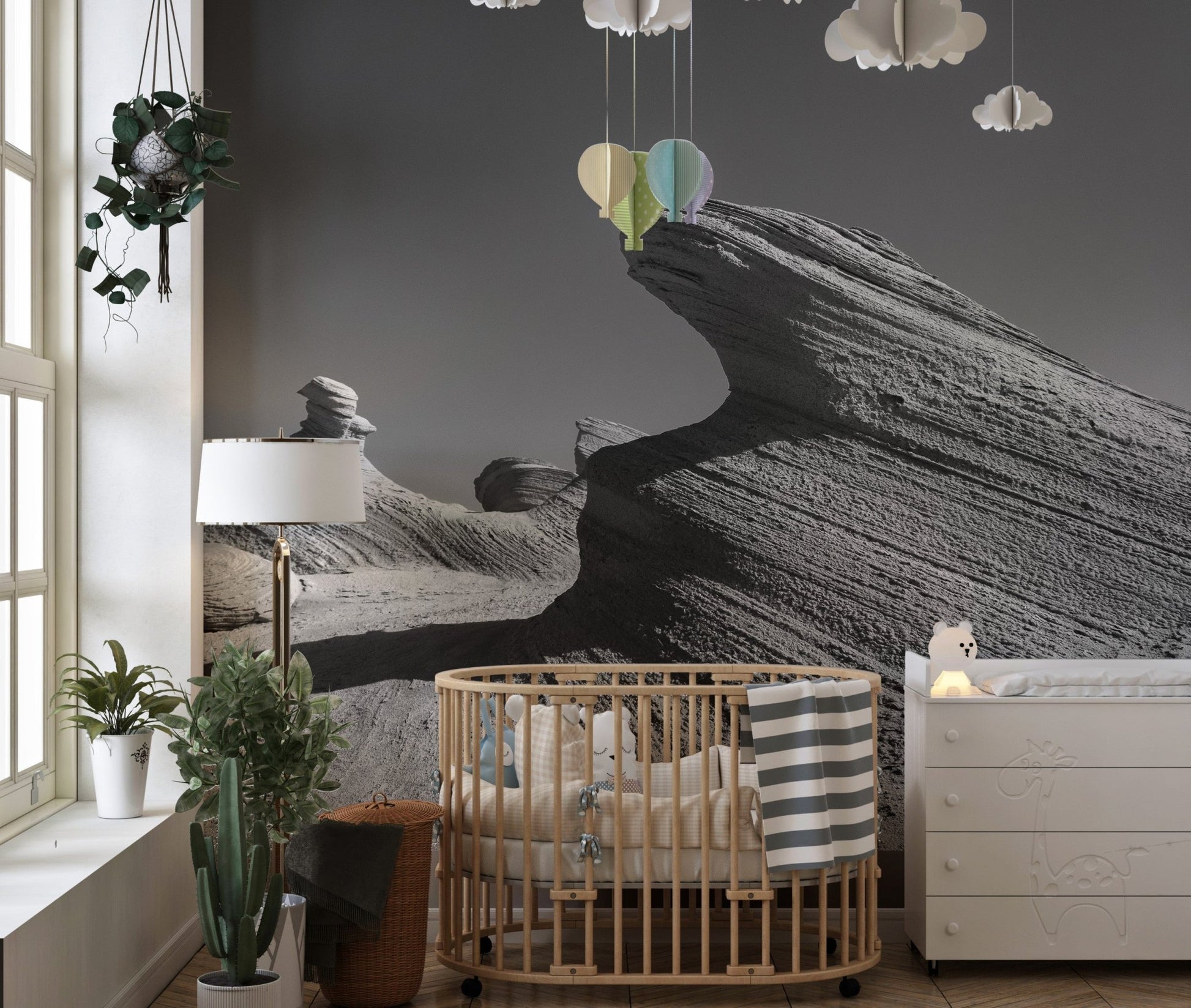 Emirates Rock Marvel Wall Murals in a nursery with a wooden crib and green plants