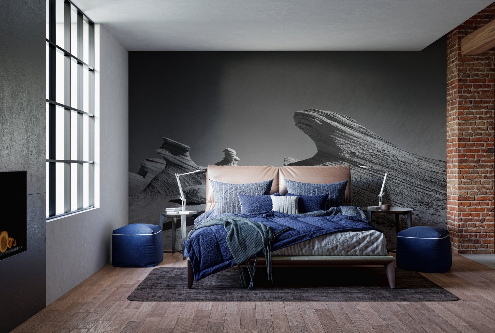 Dark grey rock wall mural in a bedroom with blue bedding and wooden panels