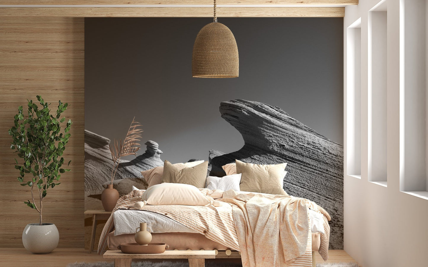 Neutral rock landscape mural in a bedroom with beige linens and wood walls