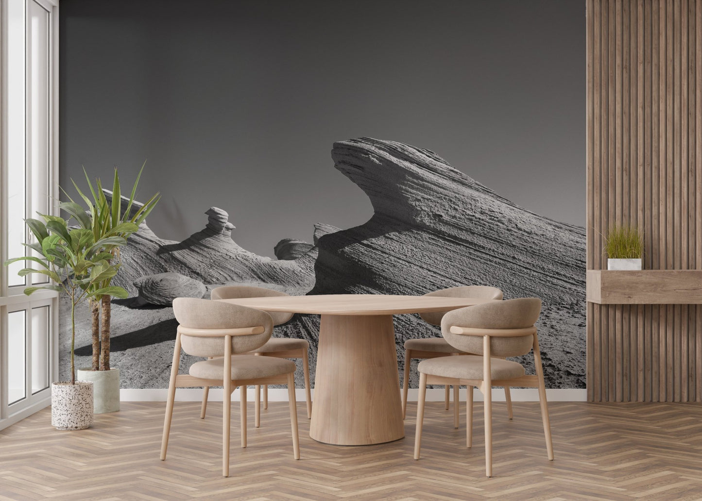 Textured rock pattern wall mural in a dining room with light wood furniture