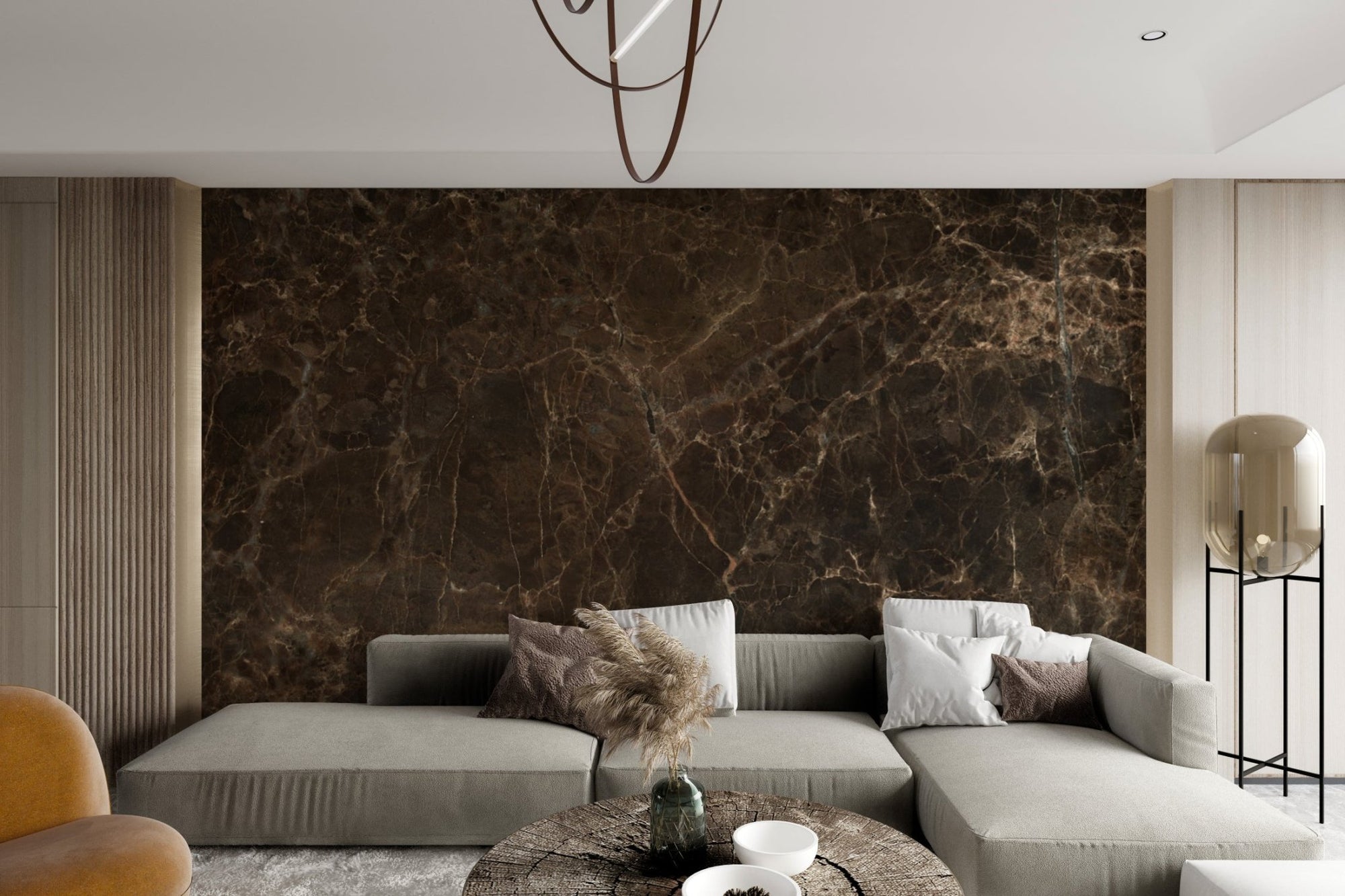 Luxurious emperador dark marble wall mural design for living room.