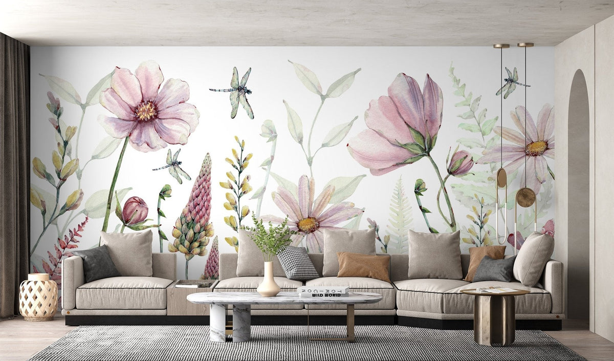Watercolor floral design mural for elegant living room interiors.
