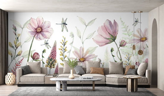 Watercolor floral design mural for elegant living room interiors.
