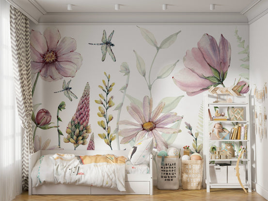 Enchanted bloom watercolor mural with vibrant flowers for kids bedroom walls.
