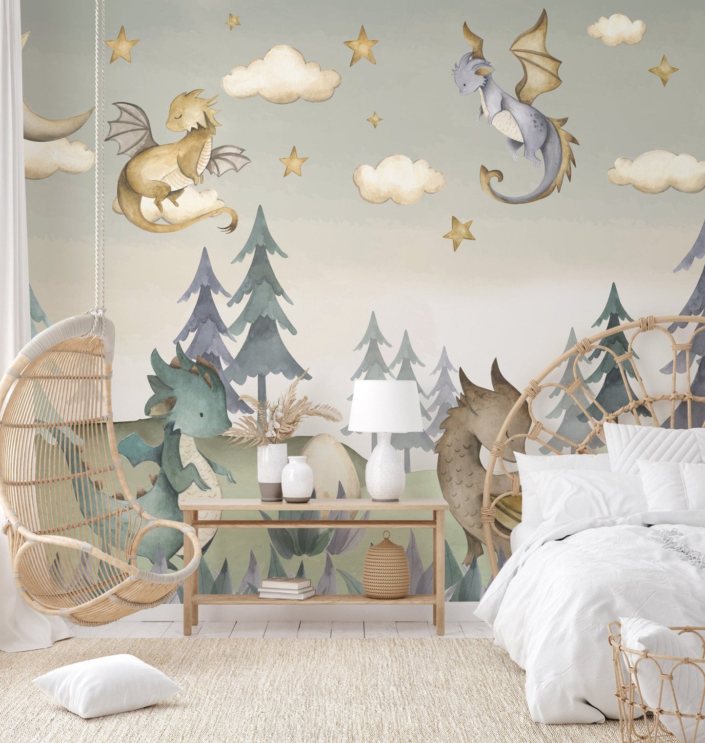 Lavender dragon and watercolor clouds wall mural for children room interior.