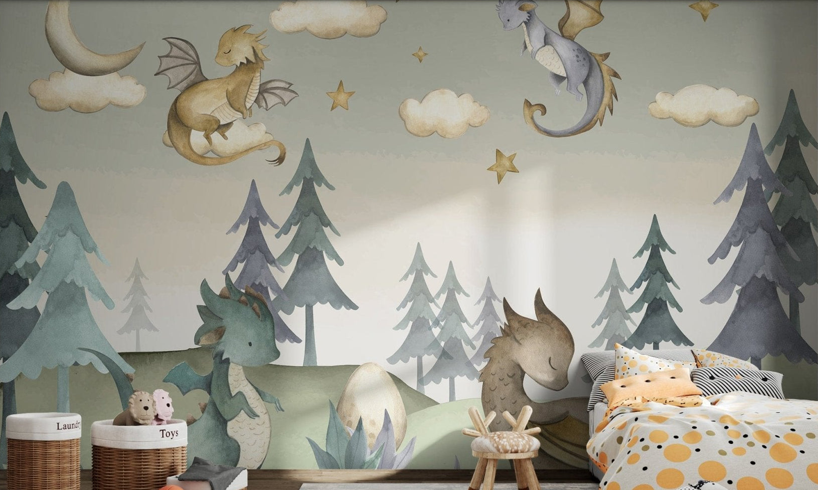 Magical dragon mural showcasing a forest under moonlight in kids bedroom.